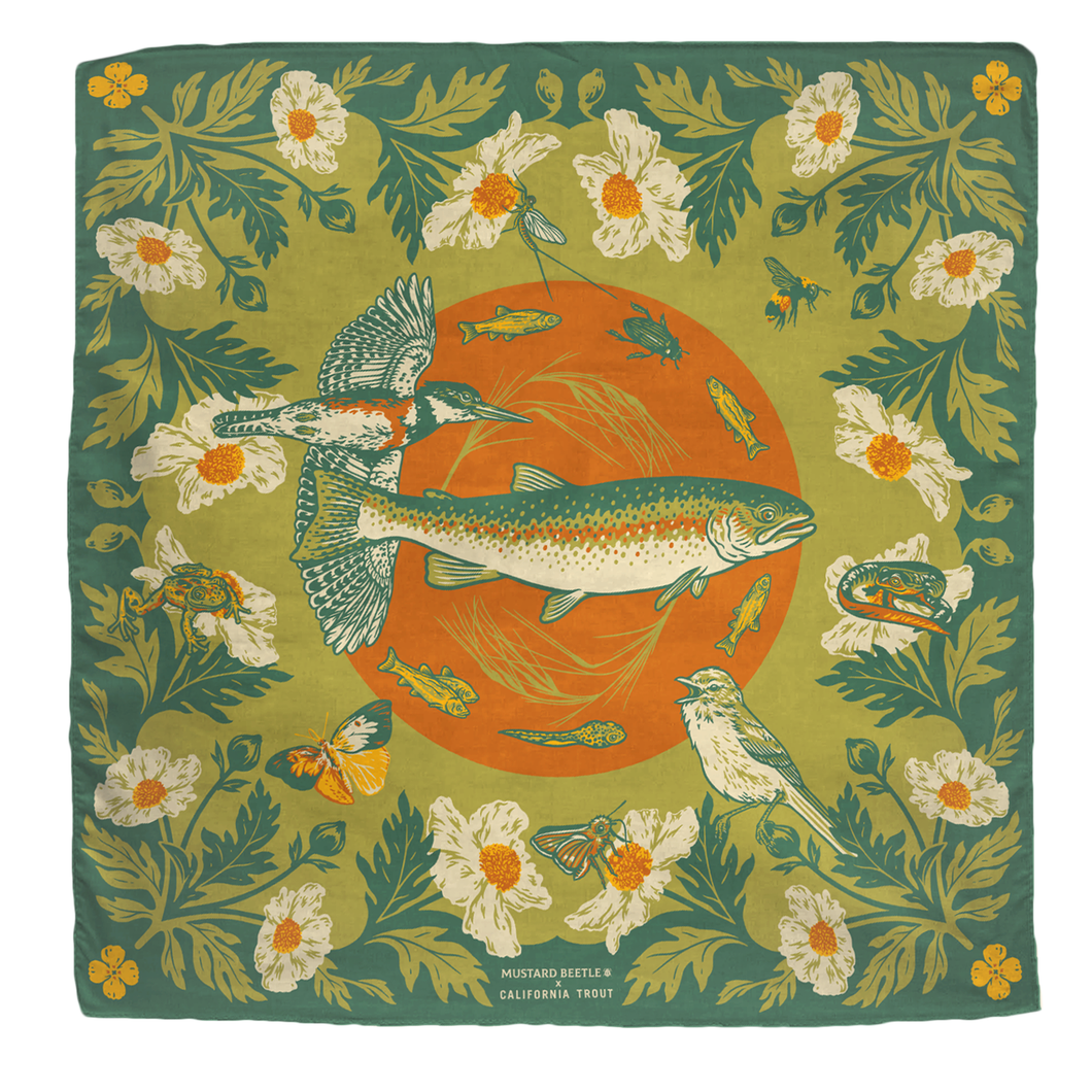 Organic Fair Trade Bandana: Malibu Creek for CalTrout Newt Matilija Poppy