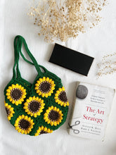 Load image into Gallery viewer, Hand-Crochet Sunflower Mini Green Tote Bag